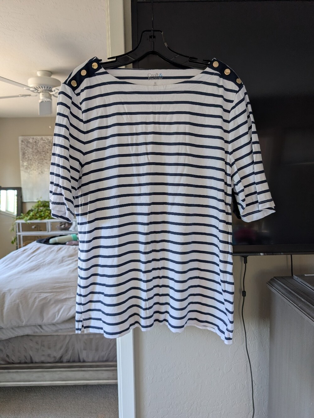 Croft & Barrow Nautical Striped Bateau Collar Gold Toned Buttons Top 100% Cotton